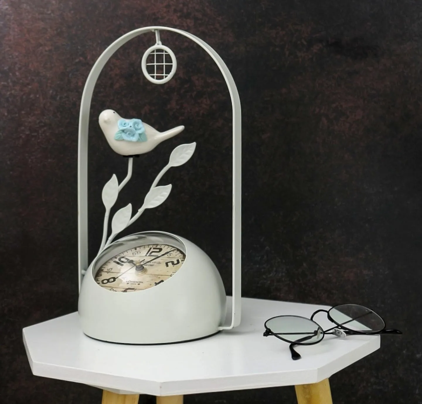 The Procure Store Antique Style Bird with Leaf Design Table Clock- White