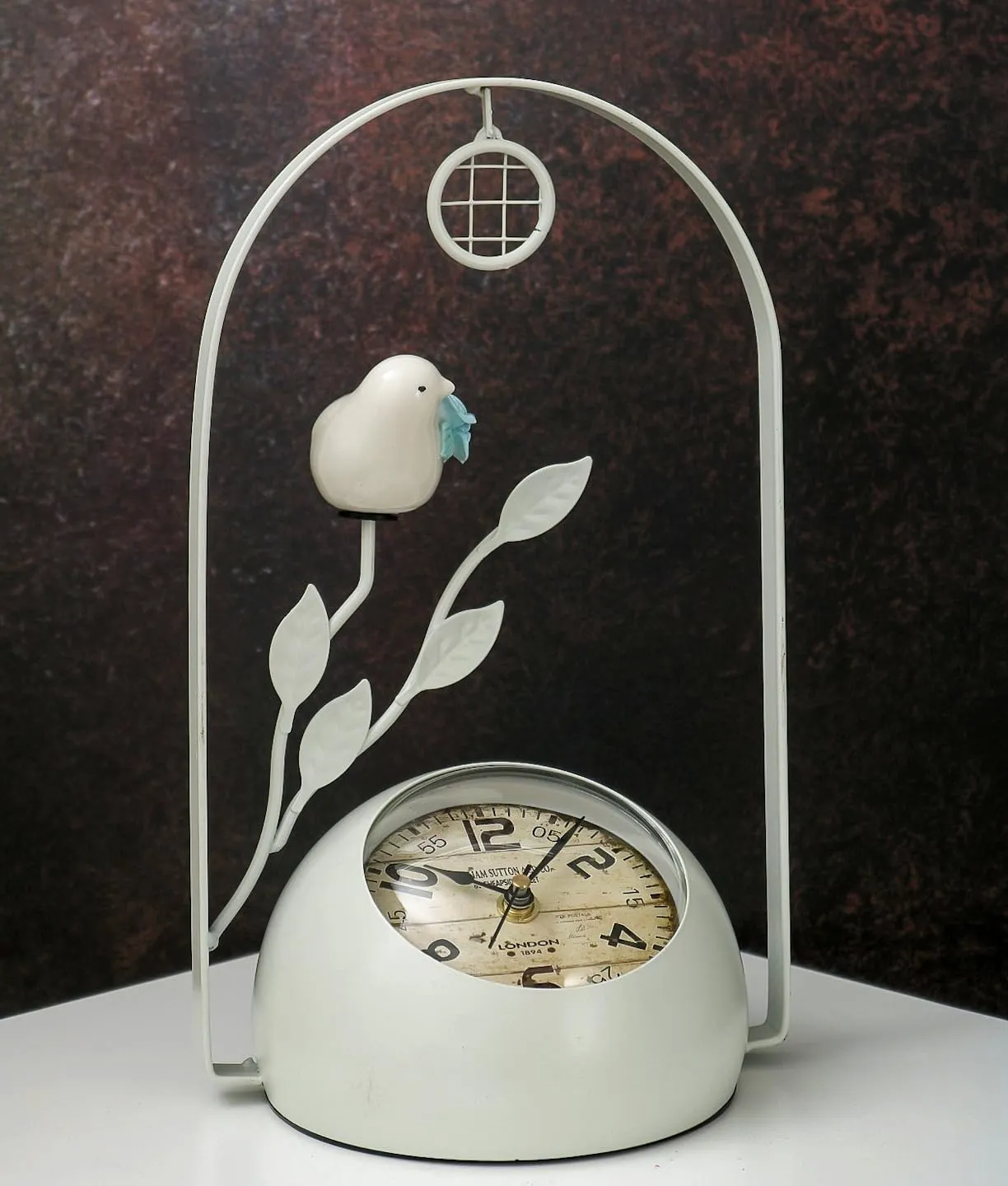 The Procure Store Antique Style Bird with Leaf Design Table Clock- White