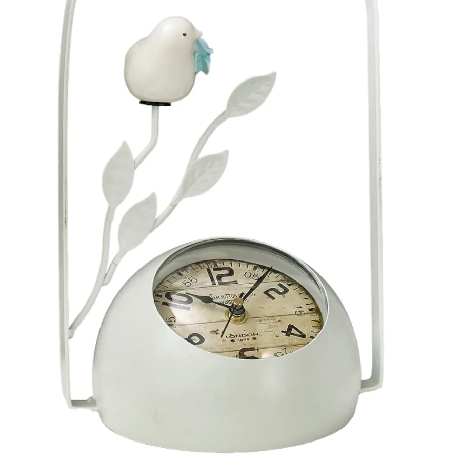 The Procure Store Antique Style Bird with Leaf Design Table Clock- White