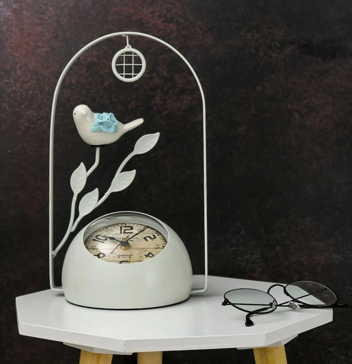 The Procure Store Antique Style Bird with Leaf Design Table Clock- White