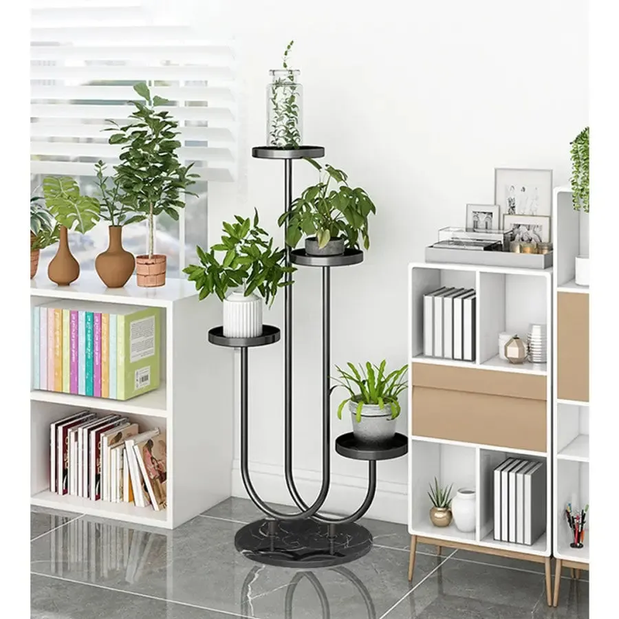 U-Shaped Black Metal Plant Stand for 4 Planters