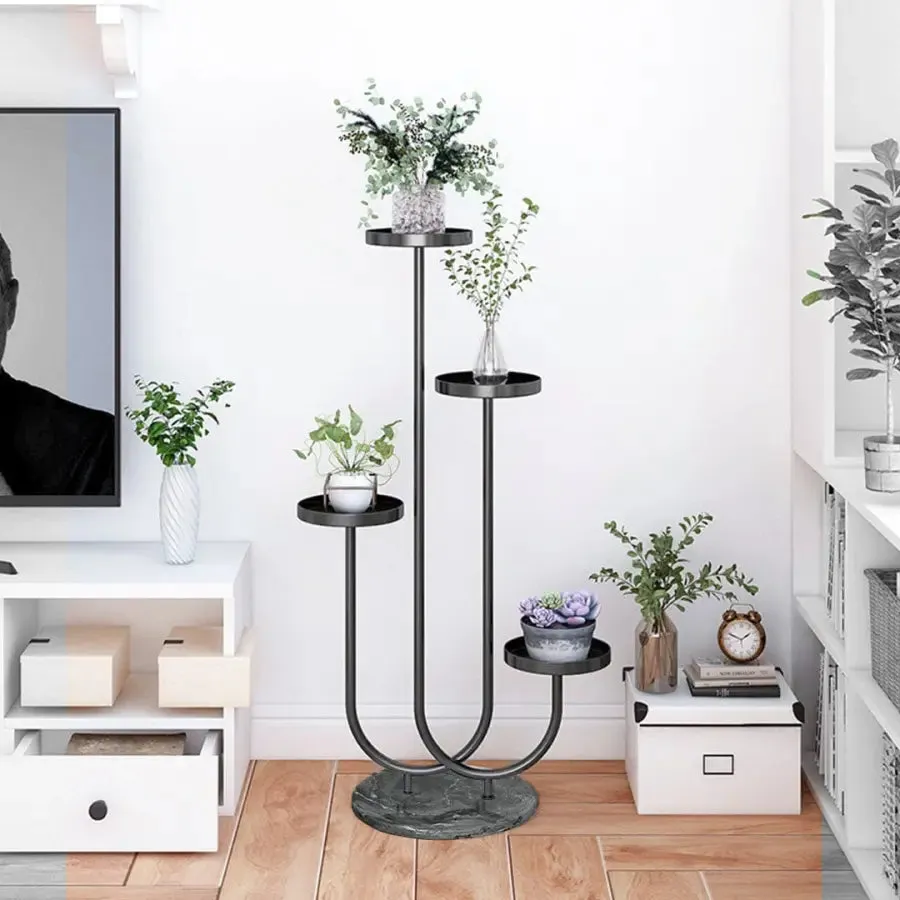 U-Shaped Black Metal Plant Stand for 4 Planters