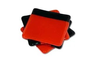 Vibrant reddish orange with black boarder fused glass drink coaster, set of 4, handmade, housewarming gift, home décor, halloween