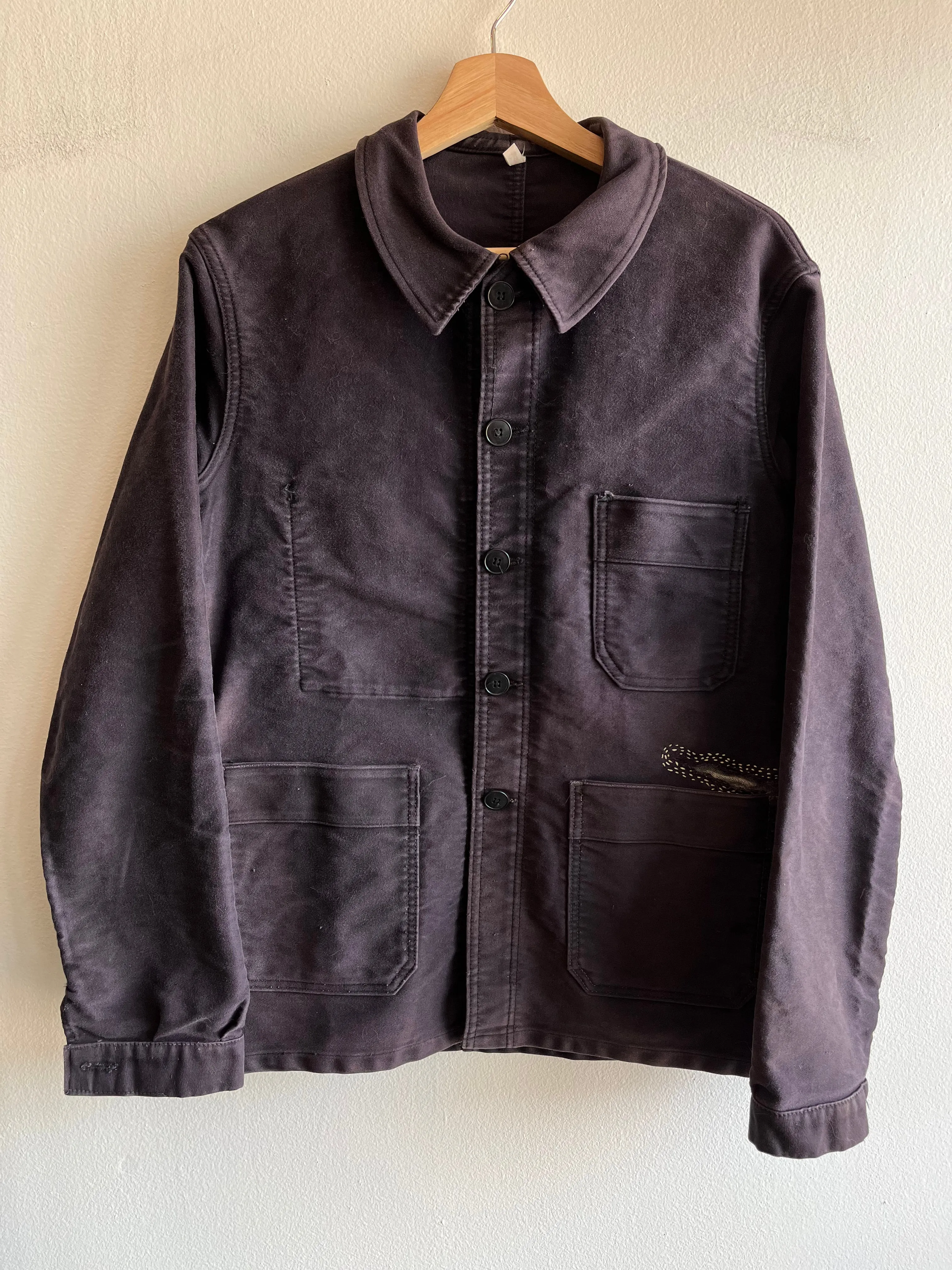Vintage 1940s Black French Workwear Moleskin Chore Coat