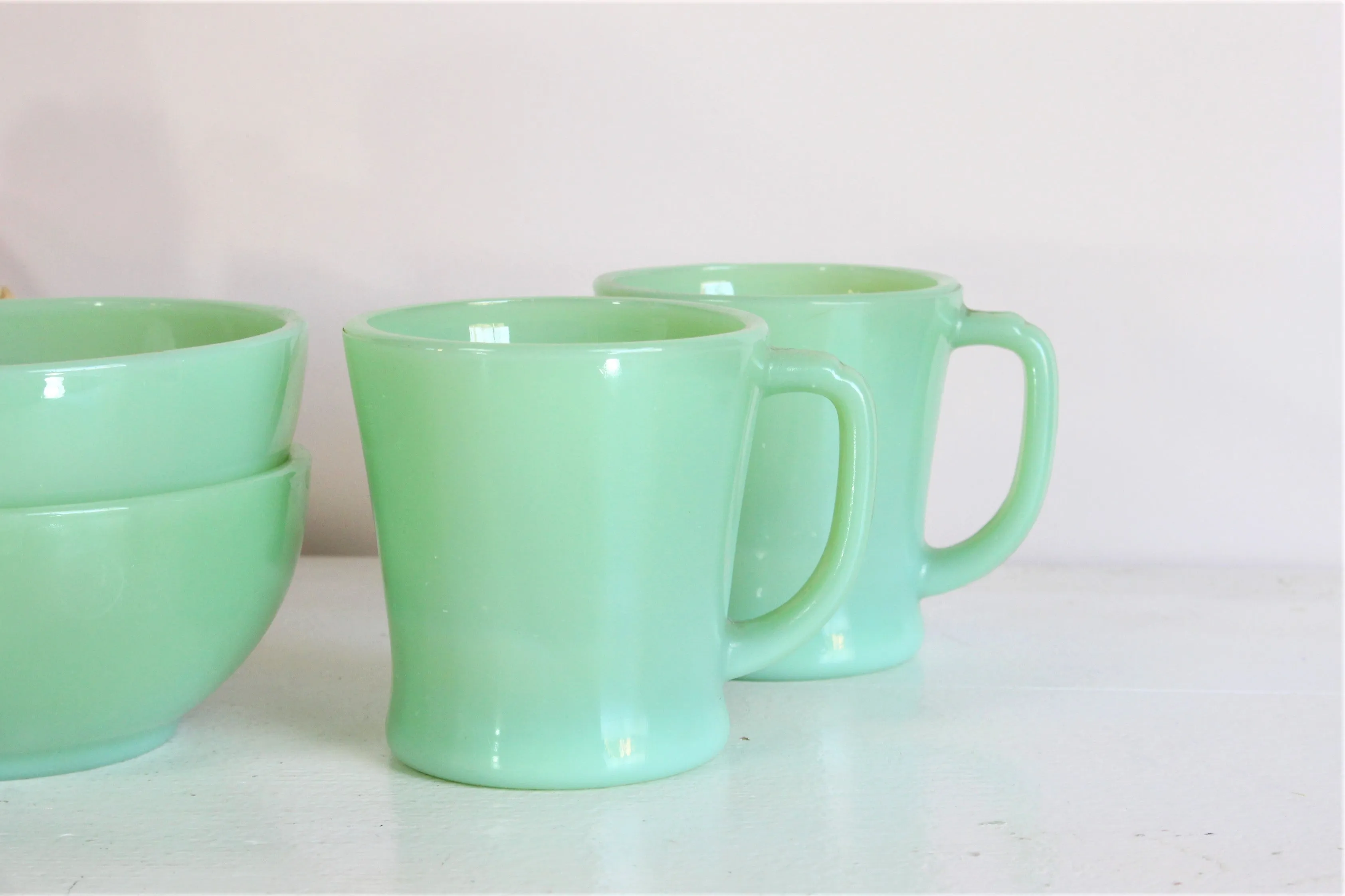 Vintage 1950s Jadeite Coffee Cups And Bowls