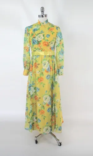 Vintage 60s 70s Sheer Floral Maxi Party Dress XS S