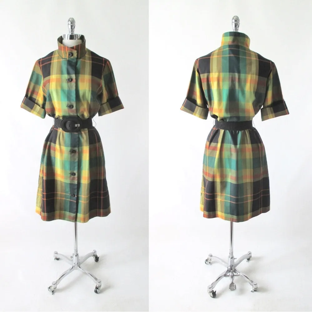 Vintage 60s Koratron Plaid Shirtdress Dress L