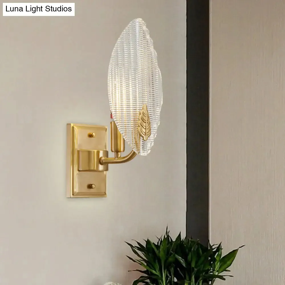 Vintage Brass Leaf-Shaped Wall Sconce Light with Clear Fluted Glass - Unique Wall Lighting Idea"
