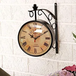 VintCraft Dial Vintage Antique Black Station Double Sided Metal Wall Clock (Color Dail, 10 inch)