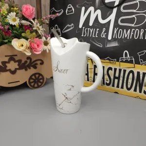 White Ceramic Mug with Steel Straw