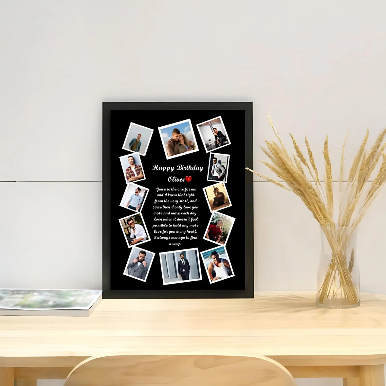 Wooden Customized Personalized Happy Anniversary Collage Photo Frame With Names | Happy Wedding Memory A4 Size Frame Customised Birthday Gift Photo Frames For Wife, Husband, Parents, Friend, Wall